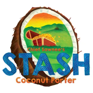 Half a coconut with a chest of gold on a field inside it, Stash Coconut Porter