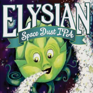 Hop with a face, a stream of sparkles coming out of its mouth, Elysian Space Dust IPA