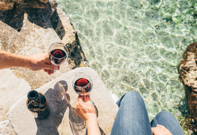 People with wine glasses by water