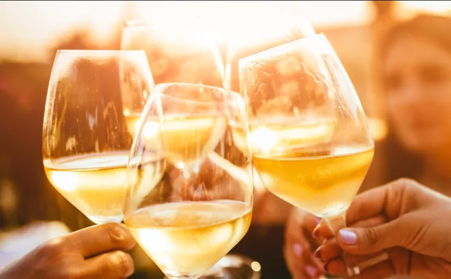 Group of people clinking glasses of white wine.
