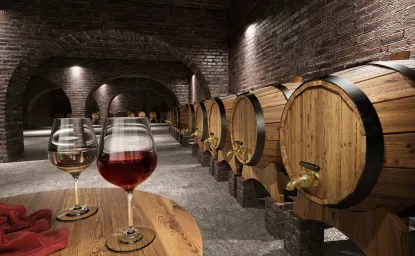 Glasses of wine on a table near kegs.